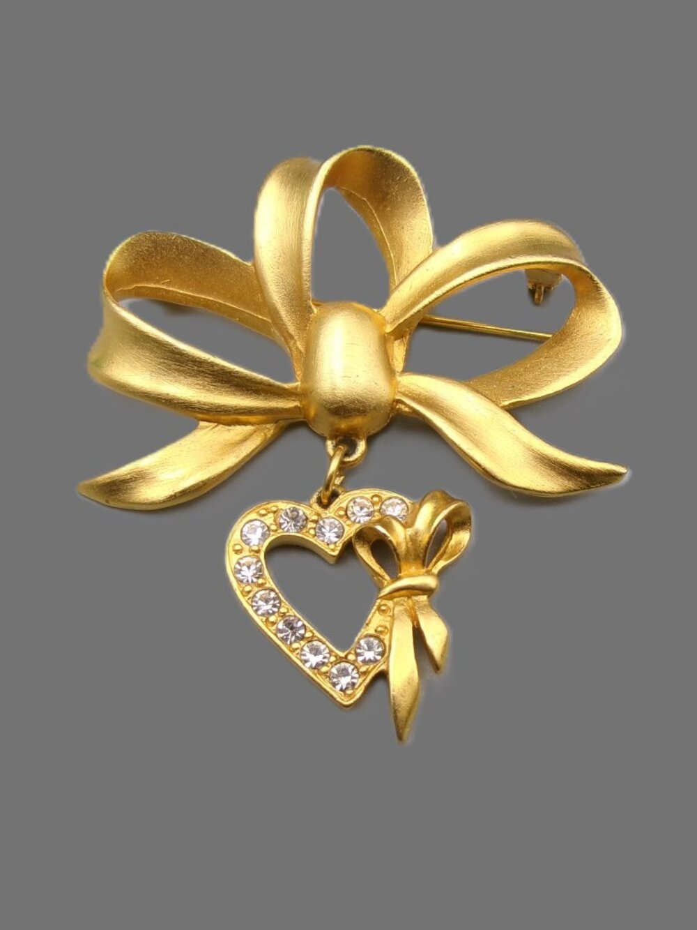 Vintage JJ Jonette Bow Ribbon Brooch with Dangling Rhinestone Heart Charm